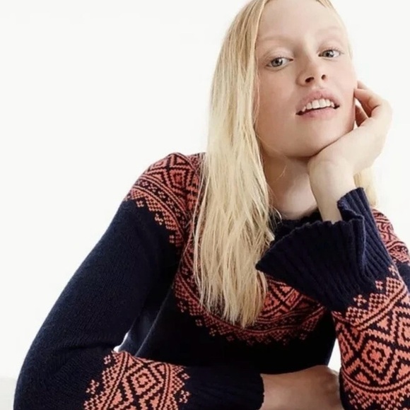 J. Crew Fair Isle Nordic Ruffle Sleeve Orange Navy Merino Wool Sweater Size XS - Picture 5 of 12